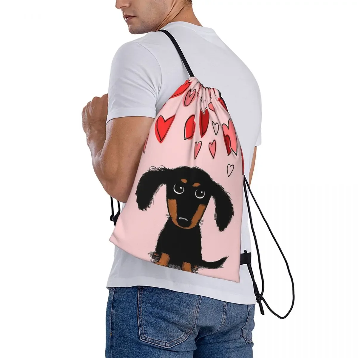 Sacos de cordão portáteis com corações, cachorro bonito do dachshund, bolso do pacote, saco de diversos, bookbag, mochilas, cordão