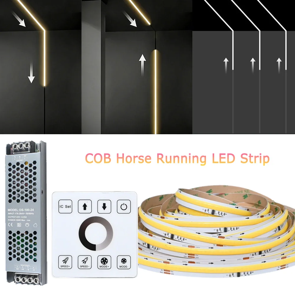10M 20M White COB Running Water Flowing LED Strip 24V Horse Racing Light Dimmable Flexible Linear Lamp RF Touch Panel Remote KIT