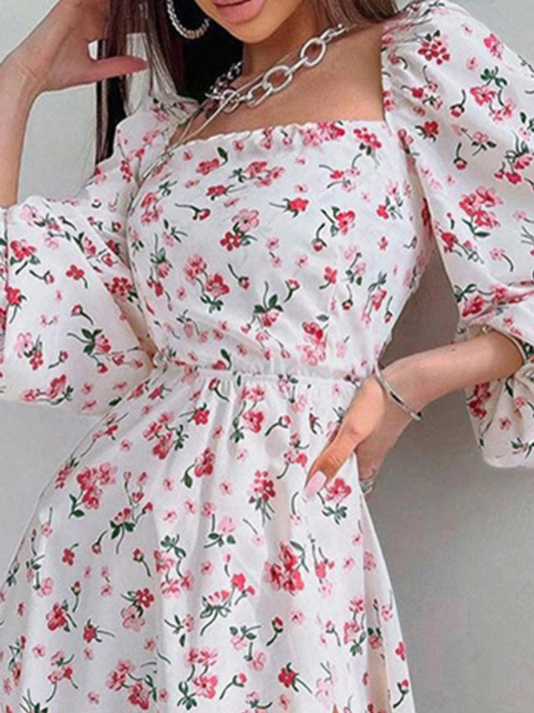 2023 New Floral Print Backless Midi Dress Women Sleeve Lantern Sleeve High Split Lady Elegant Square Collar Casual Long Dress