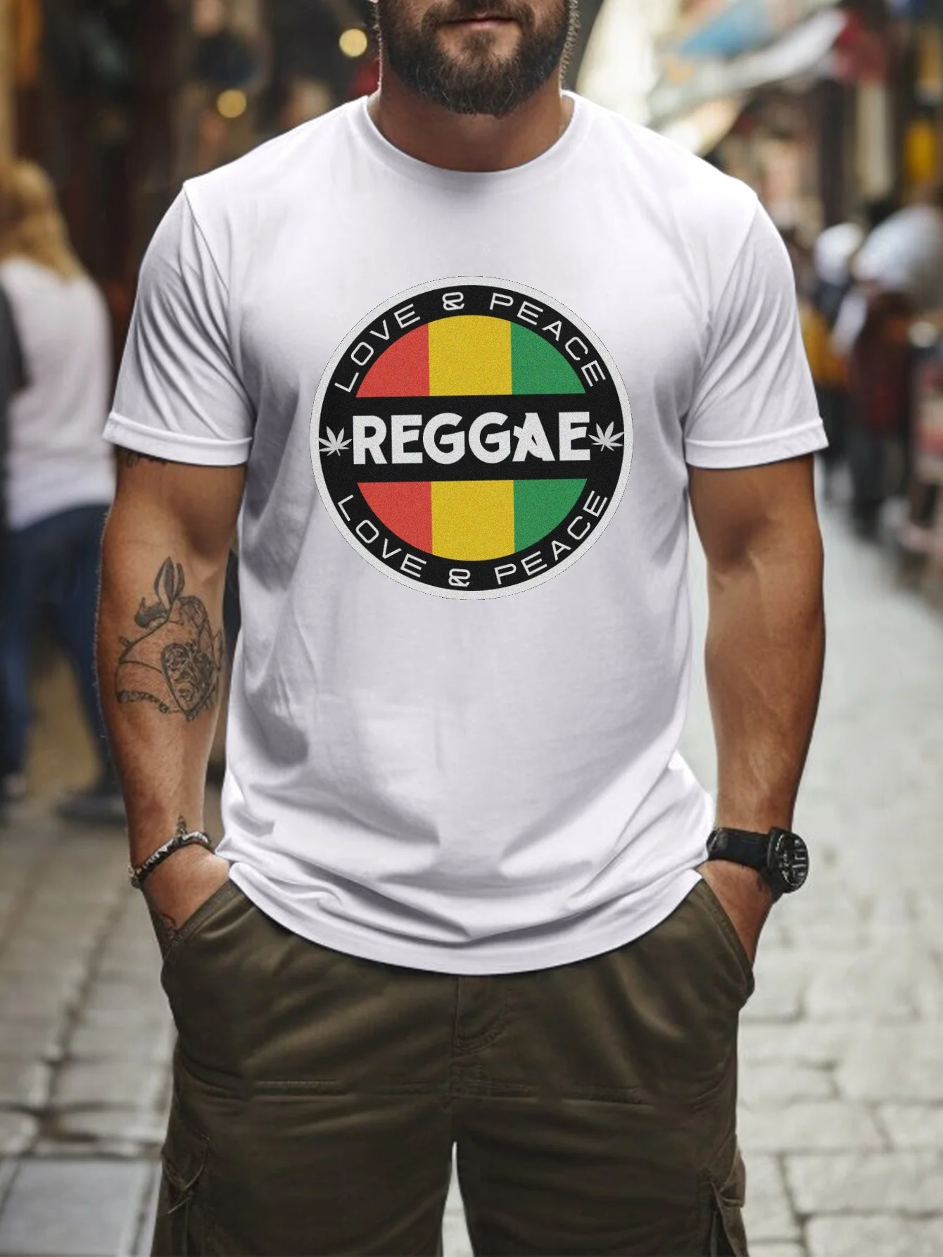 Reggae Print T Shirt, Summer Men\'s T-shirt Top, Daily Street Fashion Trend, Personalized Short Sleeves