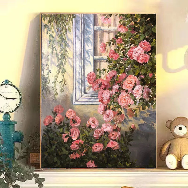 

E-0008 Japanese Cherry Blossom Landscape Oil Painting, Pink Spring Garden Art