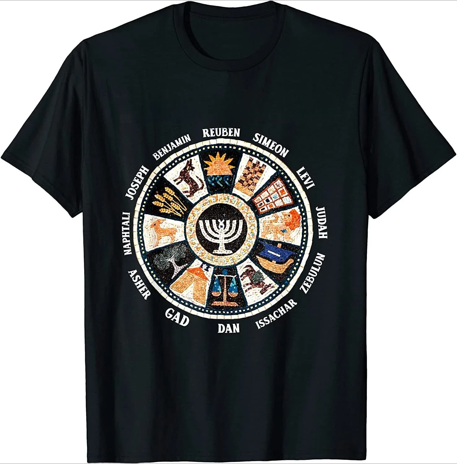 

Twelve Tribes of Israel Menorah Graphic Tee Men Short Sleeve Cotton T-Shirt