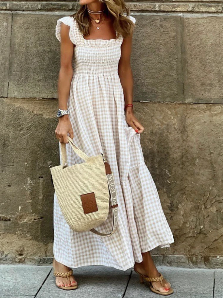 Neuer Sommerstil Damen Patchwork Kariertes Trägerkleid mit Elastischem Großen Schwungrock für Pendeln und Freizeit Damenkleidung Minikleid