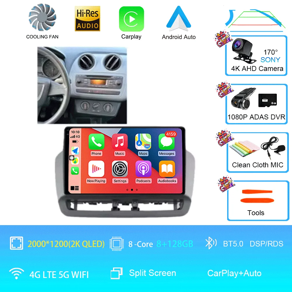 Android 16 QLED touchscreen autoradio voor Seat Ibiza 2012-2015, 12GB+256GB, multimediaspeler, 5G WIFI, BT, GPS navigatie