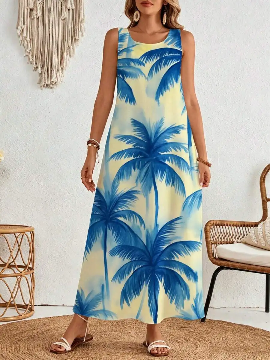 

Summer Maxi Dress Yellow Blue Palm Tree Print Beach Vacation Wear