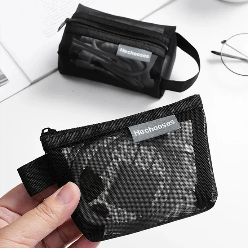 Unisex Change Storage Makeup Case Mesh Zipper Cosmetic Bag Small Item Clear Mesh Brush Card Data Cable Lipstick Storage Bag
