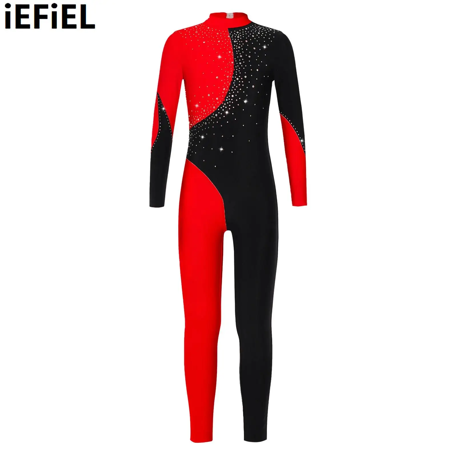 

Kids Girls Backless Gymnastic Dance Leotard Shiny Rhinestone Decorated Long Sleeve Round Collar Contrast Color Jumpsuit