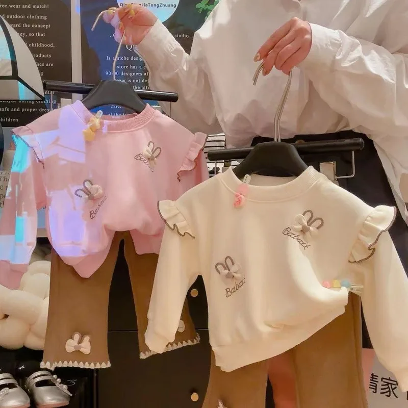 Girls Cute Bunny Print Sweatshirt Kids Flutter Ruffle Long Sleeve Tops Baby Girl Fashion Casual Outerwear T‑Shirt for Girl