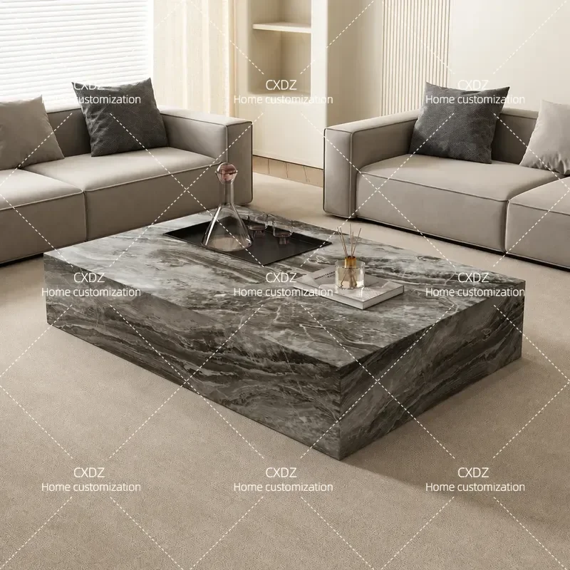 Modern Minimalist Rectangular Coffee Table with Rock Slab Top for Living Room Office Small Apartment Home Furniture Floor to