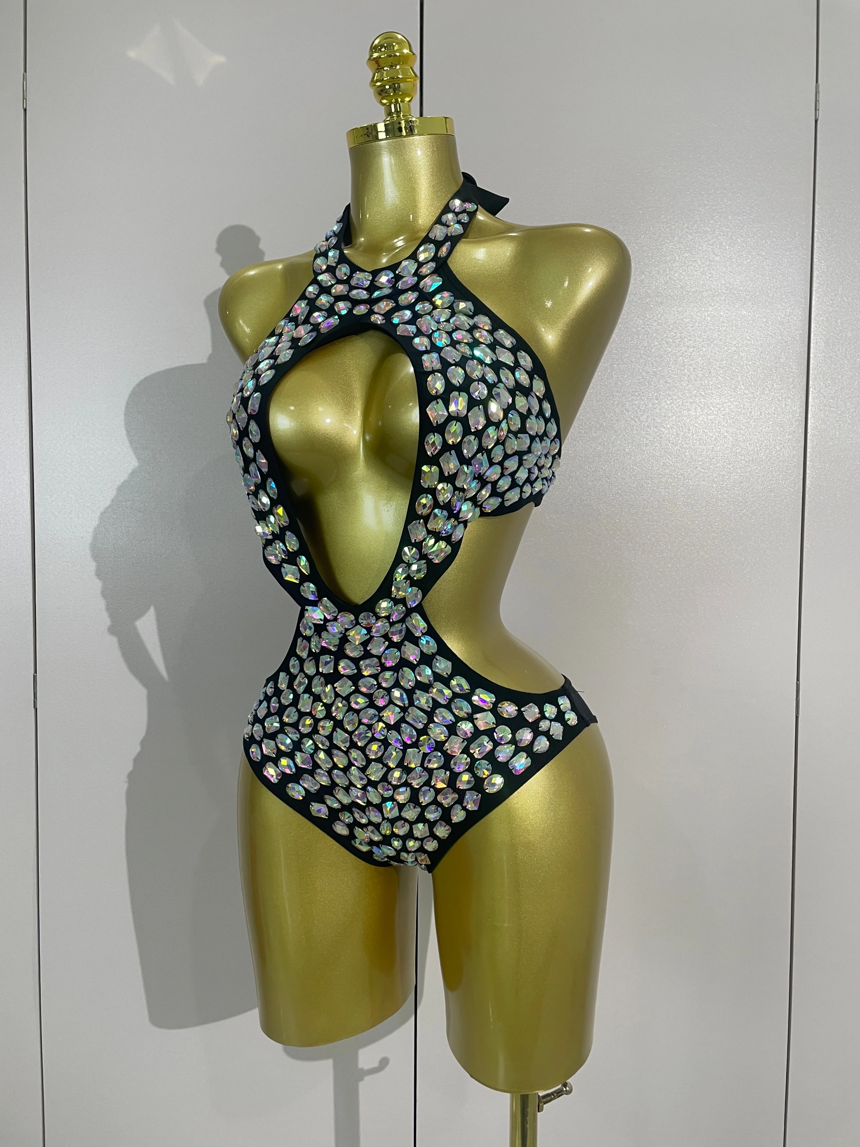 Women Crystal Handmade One-piece Bodysuit Swimsuit Stage Photoshoot Wear Sexy Sparkly Diamonds Swimsuit Bar Bikini