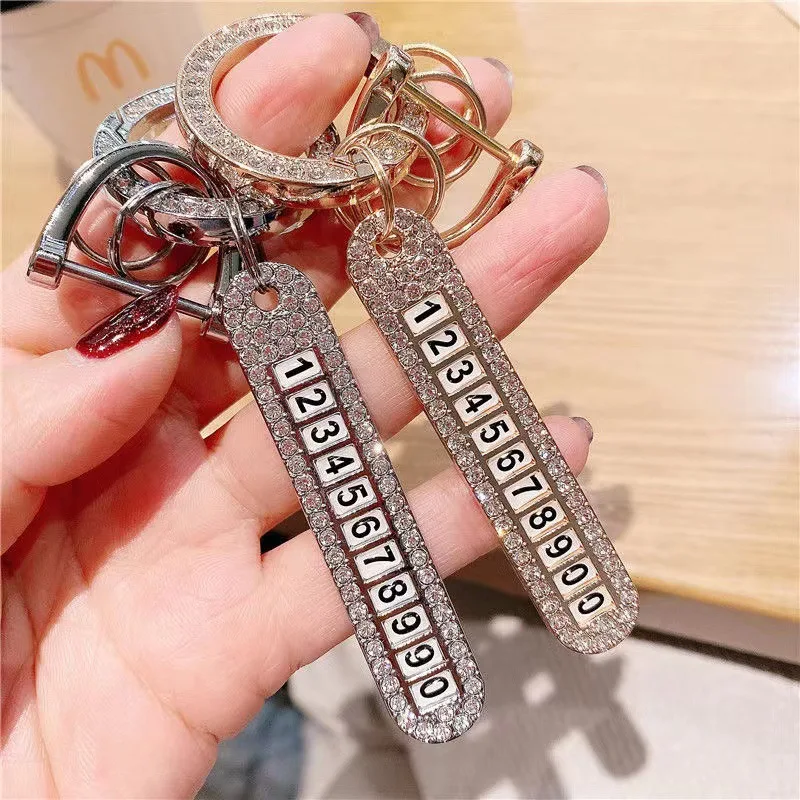 Creative Phone Number Plate Keychains Luxury Rhinestone Anti-lost Metal Keyrings Car Keyholder Accessories Gifts Souvenir