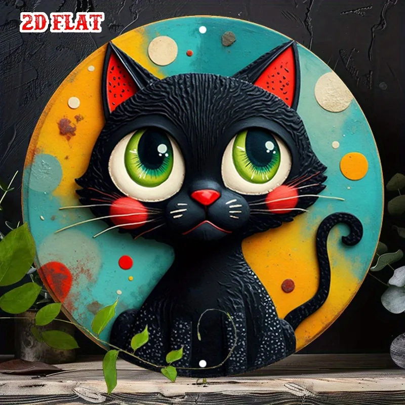 2D Flat, 1pc Round -Themed Retro Metal Wall Art - Vintage Feline & Feline Suitable for Home, Garage, Cafe - Aluminum Sign with