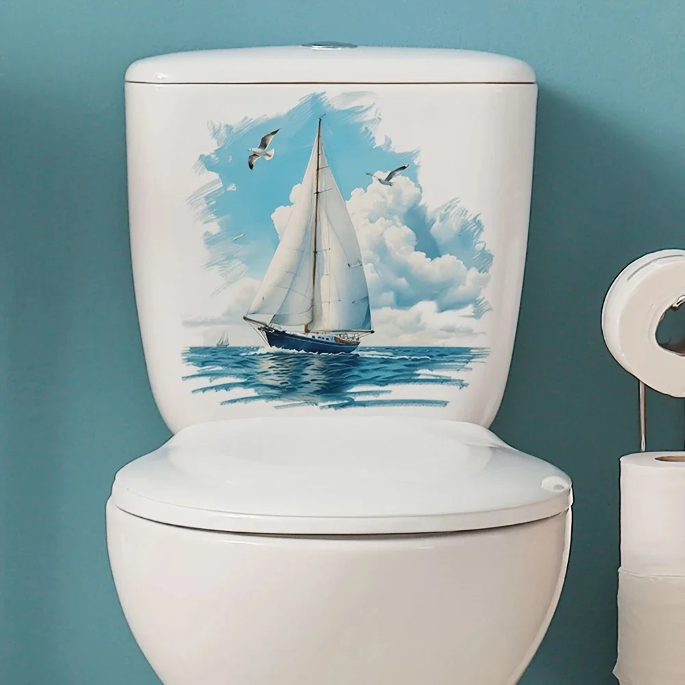 MT1289# Nautical Seagull Sailboat Toilet Lid Decal - Waterproof, Self-Adhesive Removable PVC Bathroom Decoration,