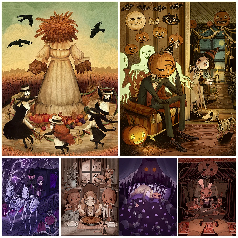

The Daily Life Of Pumpkin People And Little Witches Wall Art Canvas Painting Witch House Art Poster Print Home Decor Unframed