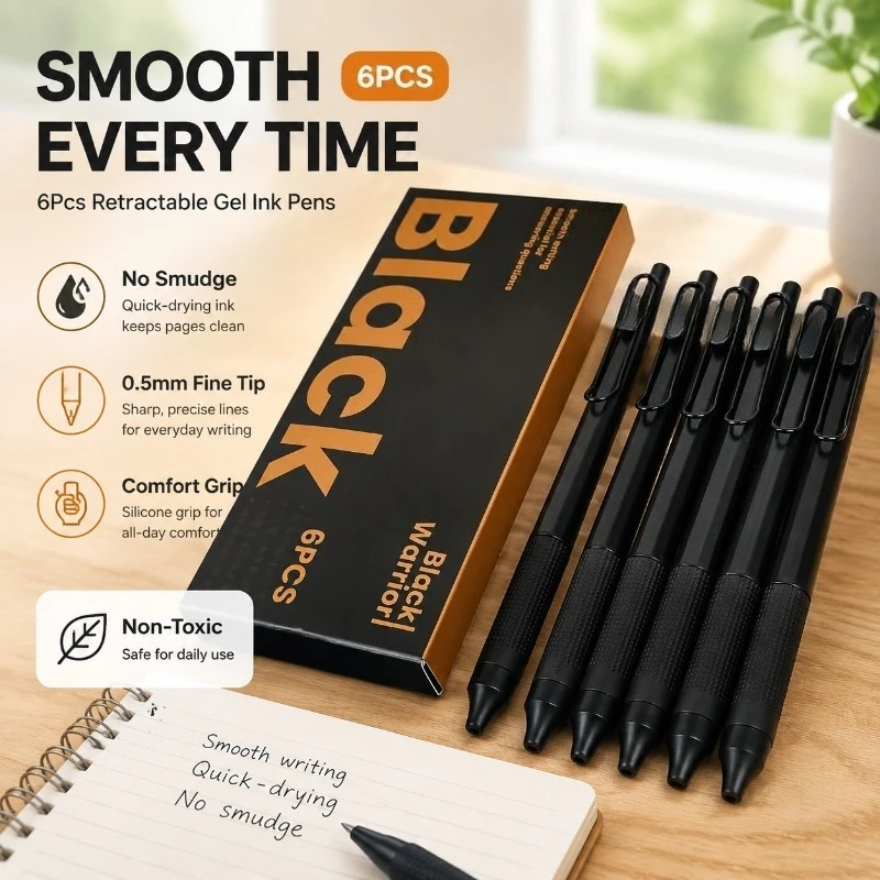 6Pcs Retractable Gel Ink Pens, Quick-Drying No Smudge 0.5mm Black Ink, Silicone Grip ST Tip, Smooth Writing, Non-Toxic