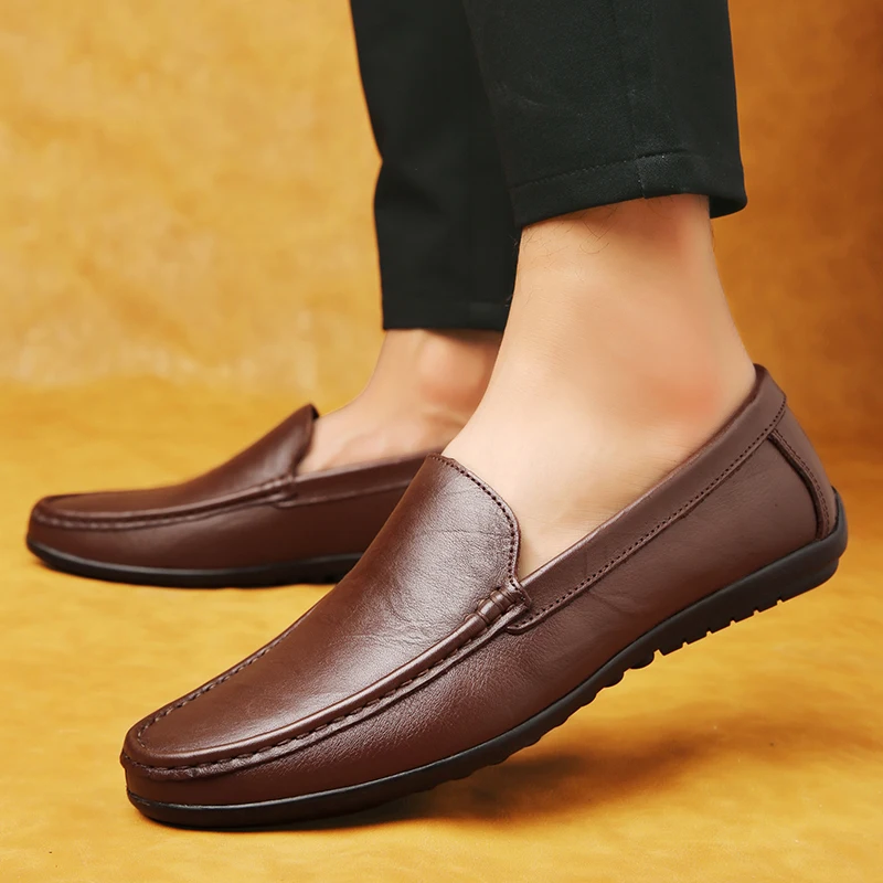 Spring Genuine Leather Men\'s Loafers Handmade Moccasins Casual Shoes Soft Sole Mens Business Flat Brown Minimalist Leather Shoes