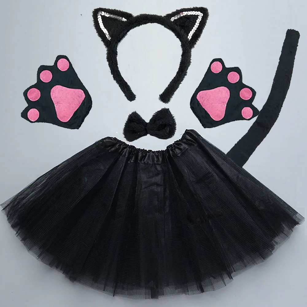 Preto e Branco Cat Ear Headband Set para Crianças, Hairband, Luvas, Stage Dance Wear, Roupas Cosplay, Traje de Halloween, Performance, Festa