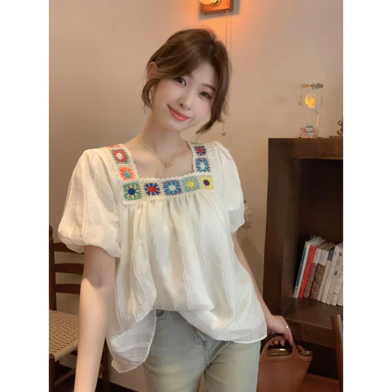 Women Summer Simplicity Loose Sweet Embroidered Solid Color Square Collar Short Sleeve Chiffon Shirt Ladies Casual Elegant Tops