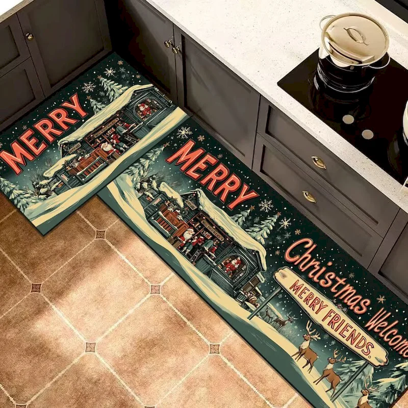 VIKAMA Christmas Comfortable Flanged Kitchen Carpet, Anti Slip Water Absorbing Channel Floor Mat, Corridor Home Decoration
