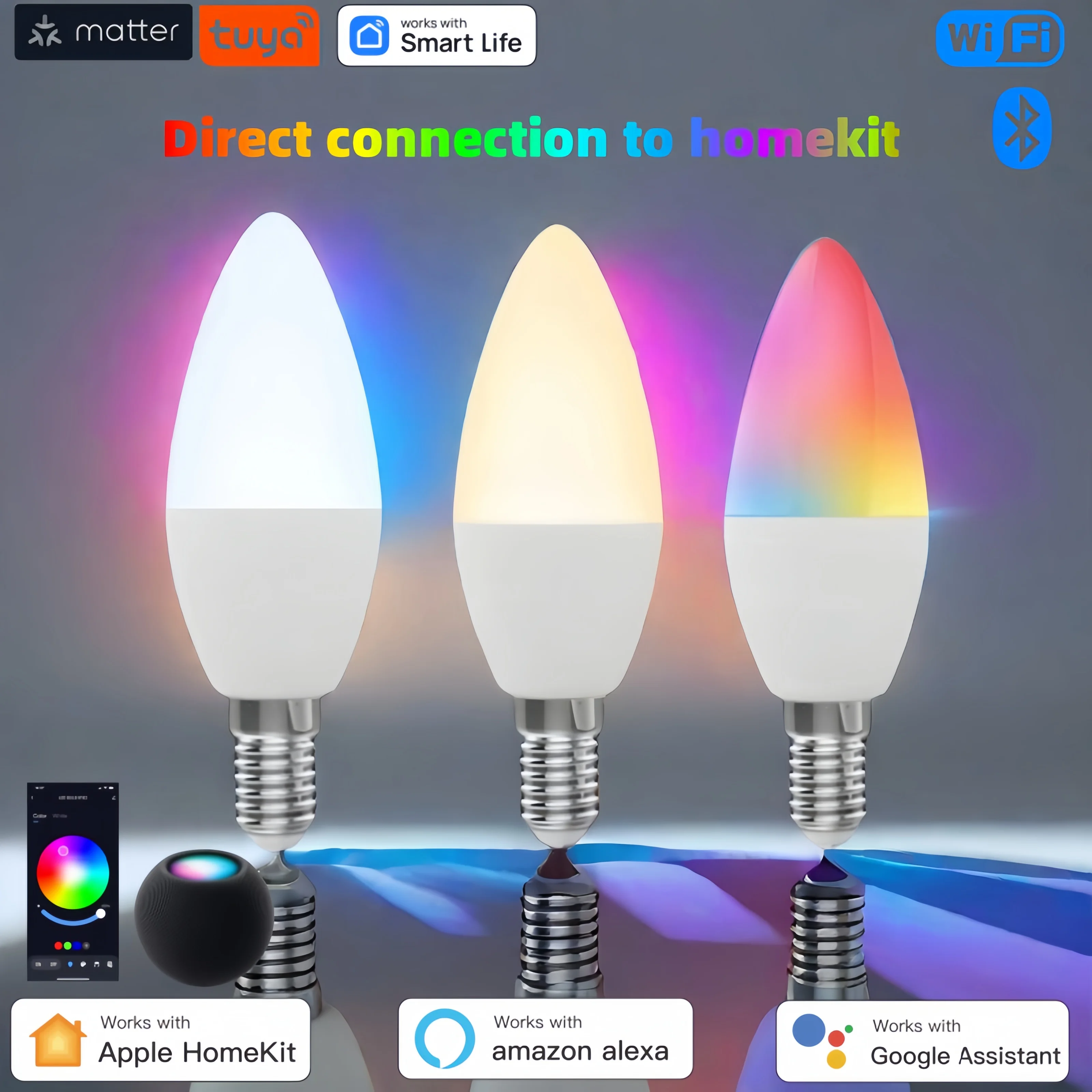Tuya Matter Smart Lights LED Wifi lamp C37 E14/E12 5W Candle Control Dimmable RGB+CW Work with Homekit Alexa Google at Christmas