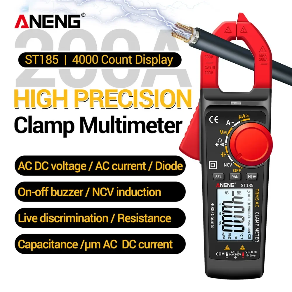 ST185 Digital Clamp Meter Multimeter 4000 Counts True RMS Ammeter Voltage Tester Hz Capacitance NCV Ohm Diode Test