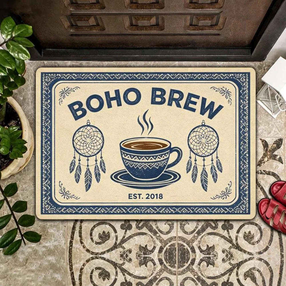 Cafe welcome mat custom logo print thick pile non slip floor rug durable coffee shop entrance mat for food service use