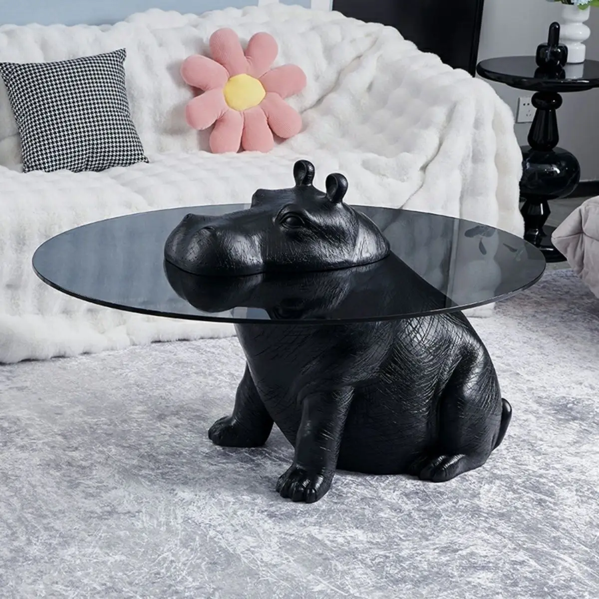 Creative and personalized animal hippopotamus Italian style living room glass circular modern light luxury style coffee table