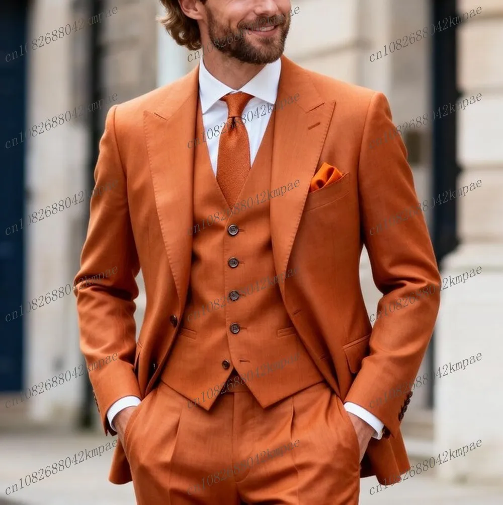 

New Orange Men Suits Formal Groom Groomsman Wedding Party Prom Business Male Tuxedos Customize 3 Piece Set Blazer Vest Pants
