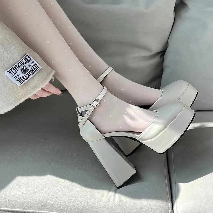 Women’s Ivory Platform Mary Jane Pumps, Chunky Block Heel Dress Shoes with Ankle Buckle Strap, Closed Toe High Heels for Party