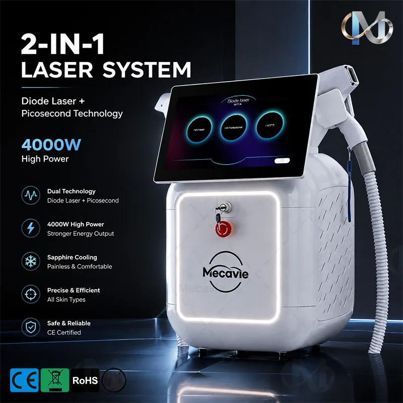 Machine laser diode Pico 2 en 1 Mecavie Northern Lights 4000W, 4 longueurs d'onde (755, 808, 940, 1064 nm), pour épilation permanente, laser picoseconde, élimination des taches de tatouage et des pigments, rajeunissement cutané, équipement de beauté à refroidissement par glace, pour usage en salon et clinique, durée de vie 60 millions de coups.