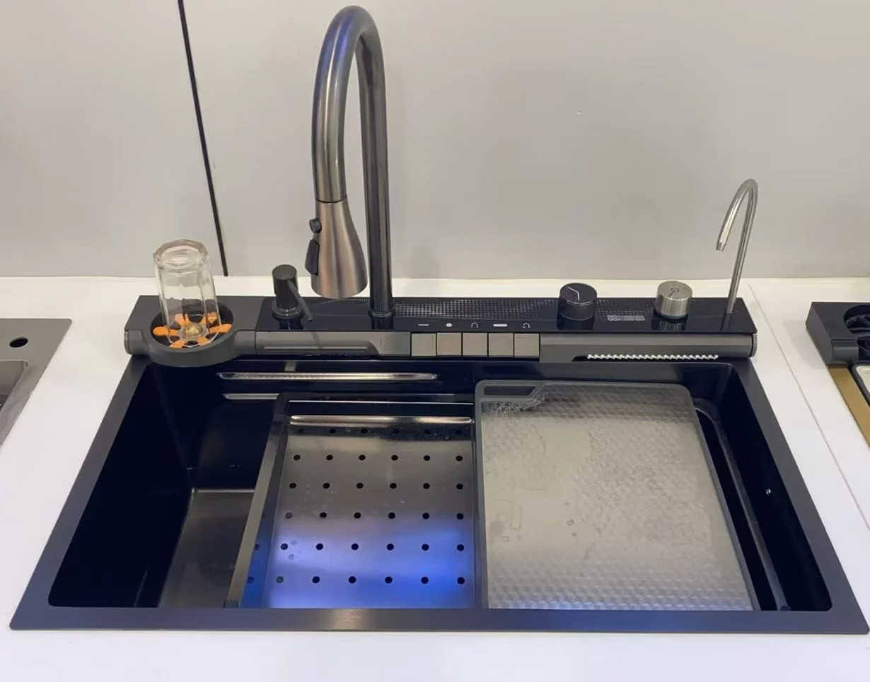 

2025 New Smart Sink Stainless Steel Black Kitchen Sink Honeycomb Embossed Nano Handmade Sink High Quality