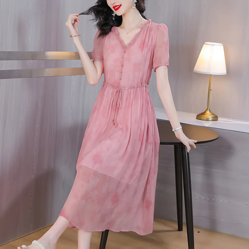 

2023 New Fashion Silk Solid Color Dress Women's Summer Versatile Loose Fit Vintage Silk Loose Fit Casual Dress Vesidos