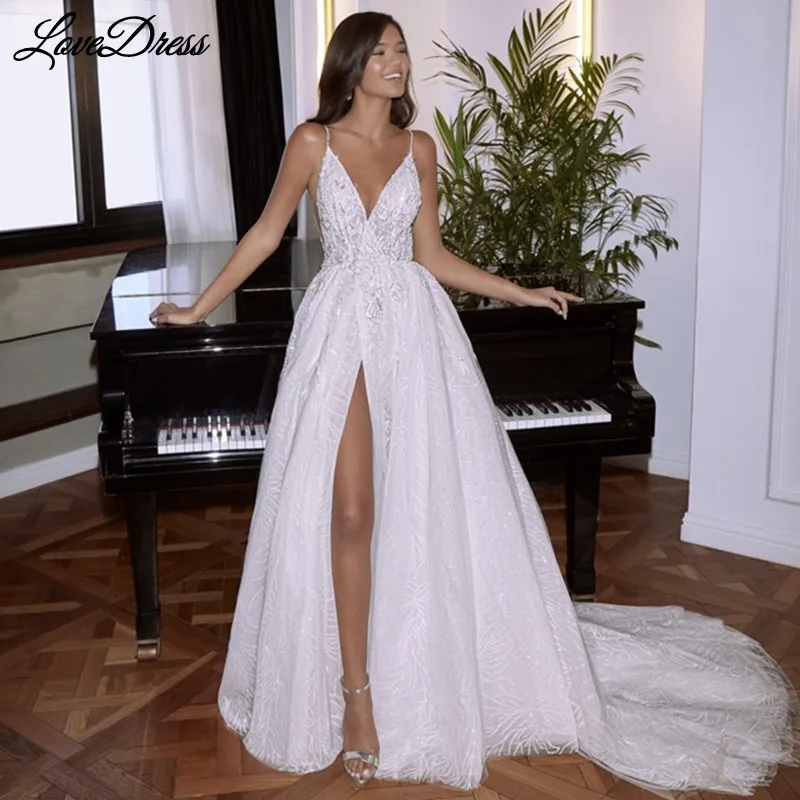 Lovefur s-Robe de Mariée Trapèze Sexy, Bretelles Spaghetti, Décolmétrage en V Profond, Fendue, Appliques en Dentelle, Dos aux, Fermeture Éclair Personnalisée