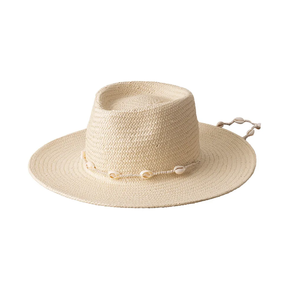 Summer Panama Hats for women Sun Hat with Long Shell conch Chain Straw Hats Vintage Style Fedora Female Outdoor Travel Beach Hat