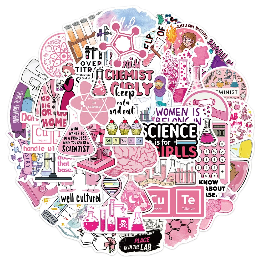 10/30/50pcs Cartoon Pink Chemical Reagent Science Lab Stickers Waterproof DIY Luggage Phone Motorcycle Cute Graffiti Sticker Toy