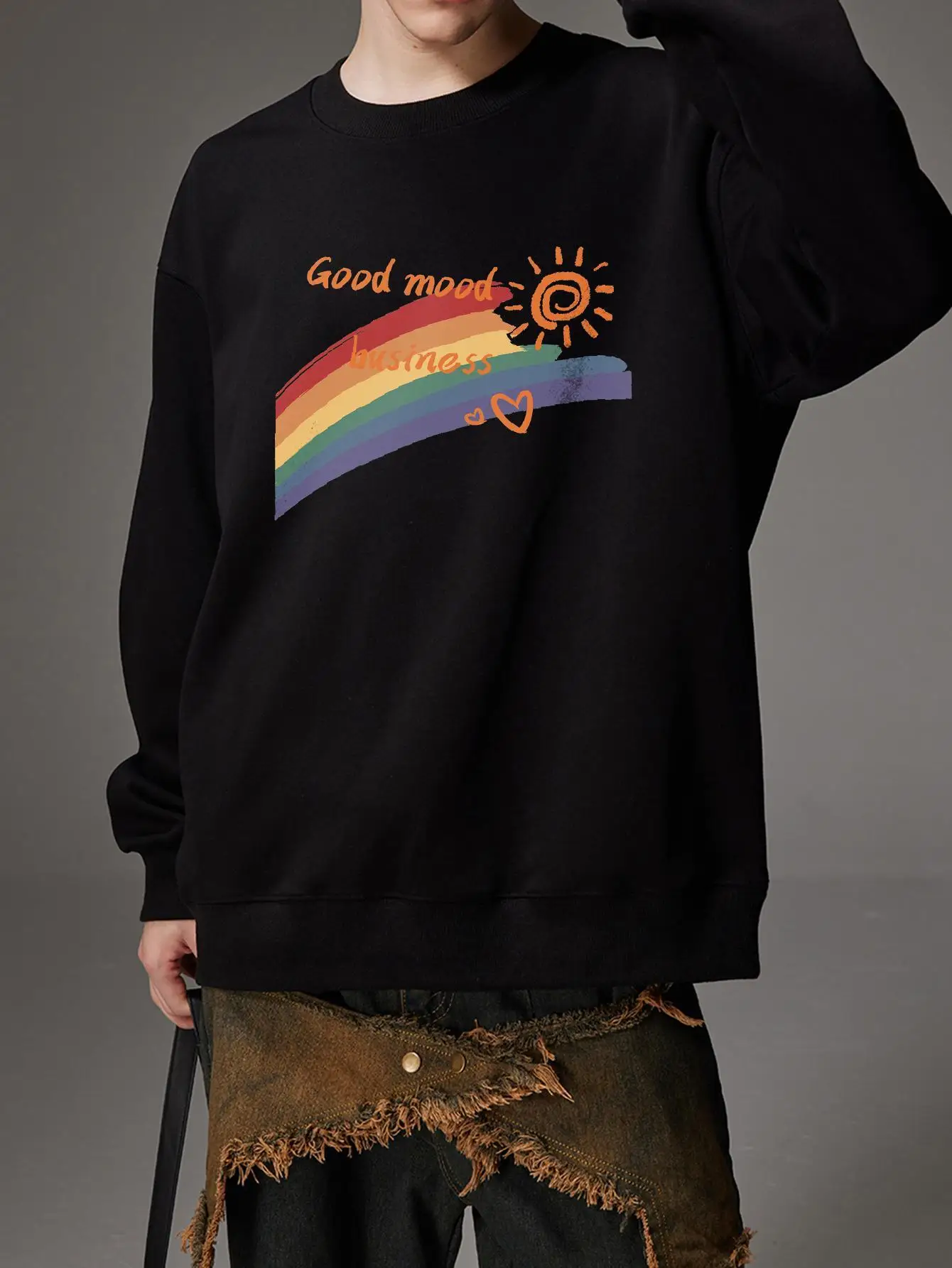 

Crew Neck Long Sleeve Men Sweatshirt Rainbow Graphic Oversize Pullover Top Casual Korean Style Male Clothing Y2k Hoodies