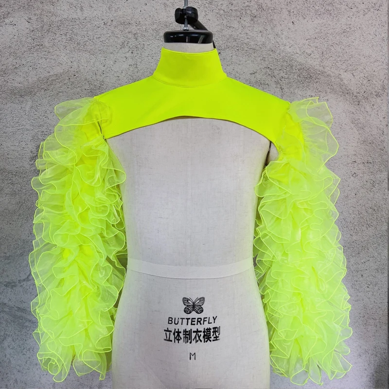 

Shawl Shoulder Bubble Sleeve Vest Half Tops fluorescent Rose Gauze Sexy Women Jazz Dance Costume Bar Dancer Singer Stage Wear