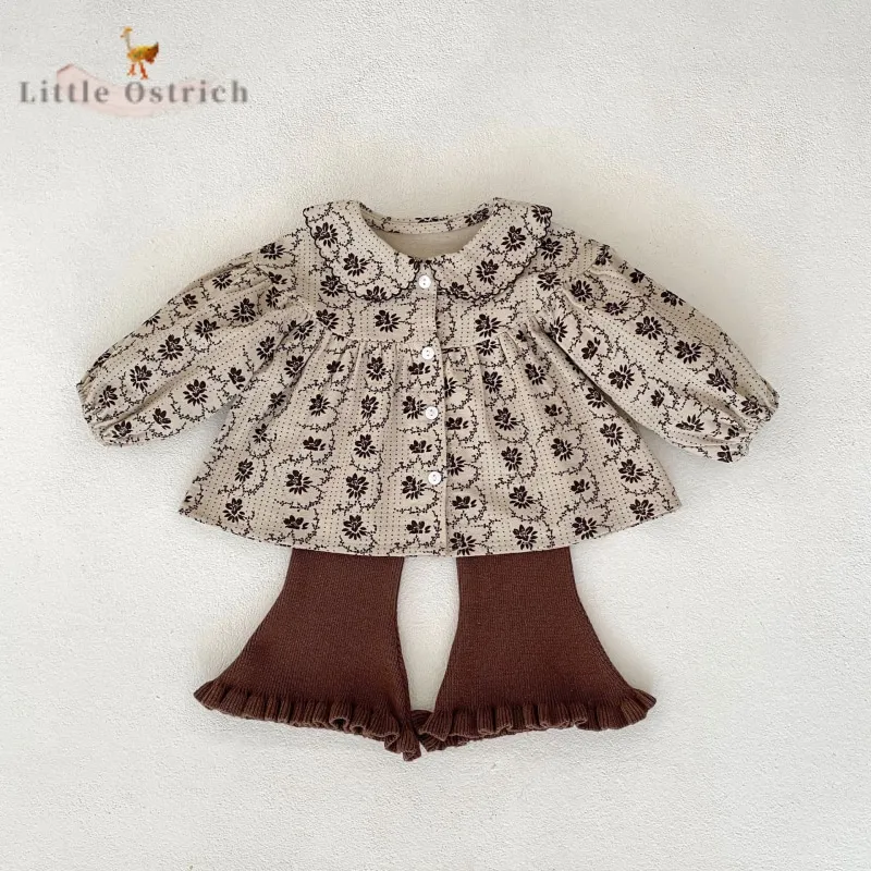 

Newborn Baby Girl Cotton Floral Shirt Flared Pant Infant Toddler Child Long Sleeve Peter Pan Collar Blouse Baby Clothes 3M-2Y