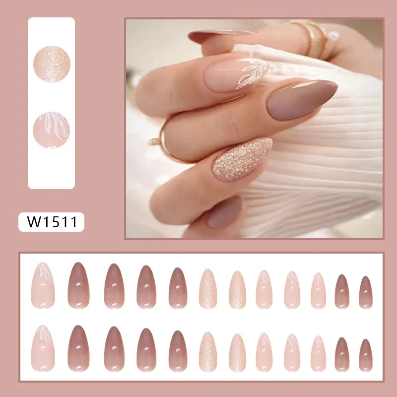 24pcs/set Nude Coffee Almond Glitter Wear Nail Press on Nails Set Medium Nail Tips Cheap False Nails Fake Nail Acrylic with Glue