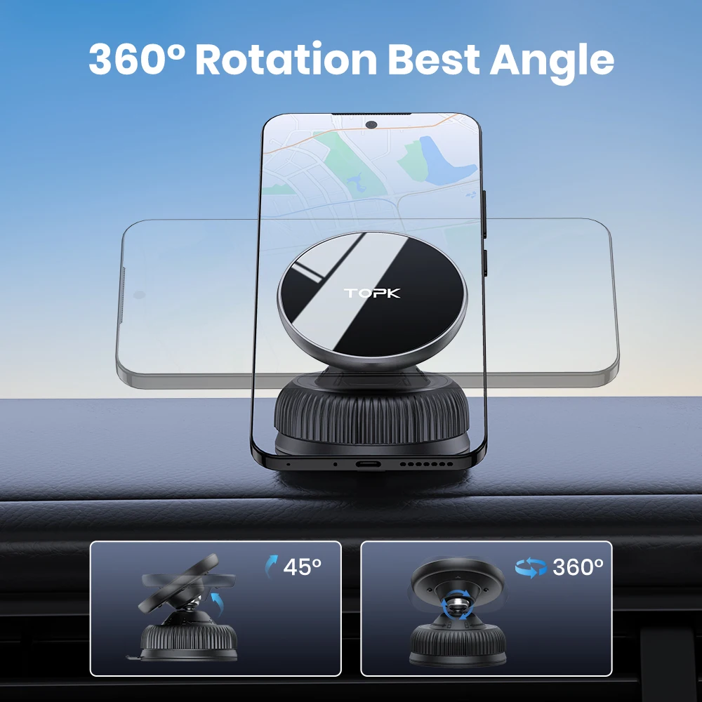 TOPK 360 °   Suporte magnético giratório para telefone para carro - Suporte com ventosa multiângulo ajustável, ultra estável, adesivo - grátis