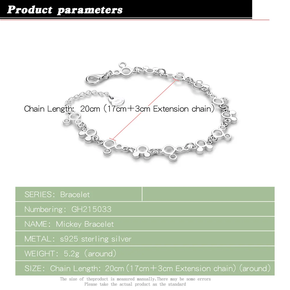 Adjustable Design 925 Sterling Silver Shiny Mickey Chain Bracelet Temperament Exquisite Chain Link Women's Personalized Gifts