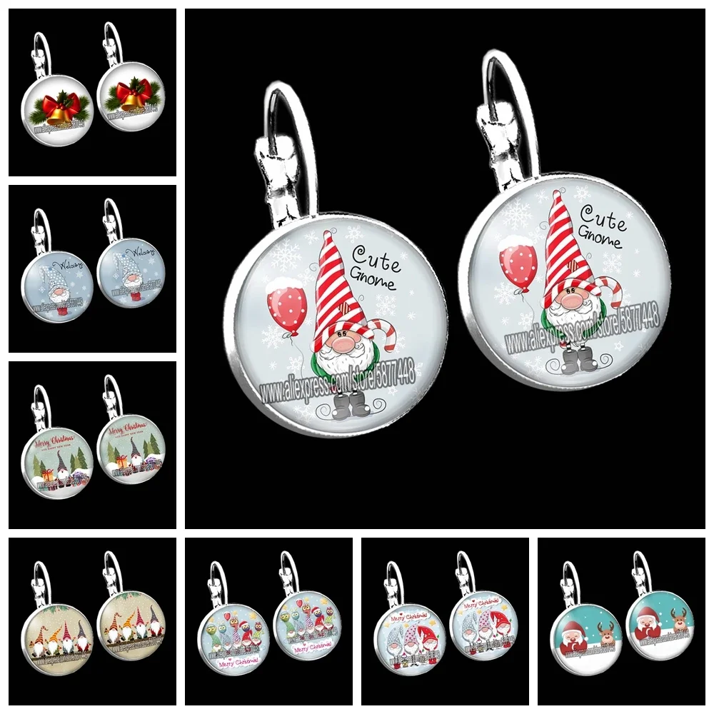 Fashion Merry Christmas 16mm Glass Cabochon Women Stud Earrings Cute Cartoon Santa Earrings Christmas Bell Earrings for Girl