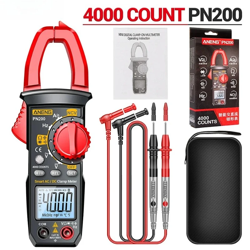 ANENG PN200 Digital Clamp Meter DC/AC 600A Current 4000 Counts Multimeter Ammeter Voltage Tester Car Hz Capacitance NCV Ohm Test
