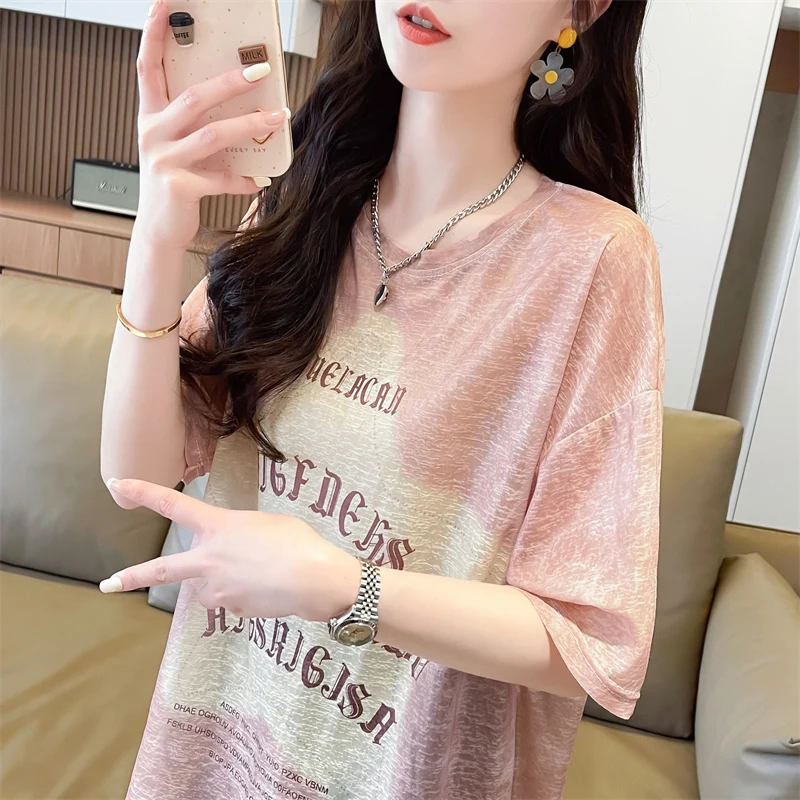 

High-End plus Size Women's Ice Silk Thin ort Sve T-irt Summer New Loose Small Size Qui Dry Sport Top Ladies' Faion