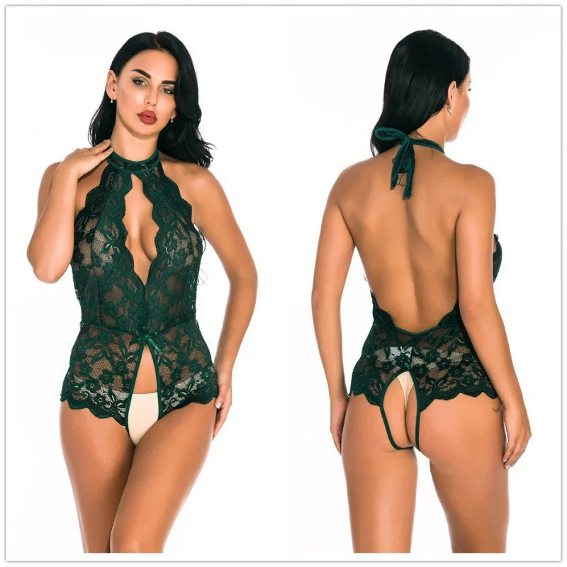 Open one-piece sexy underwear lace deep V lace-up sexy sexy pajamas