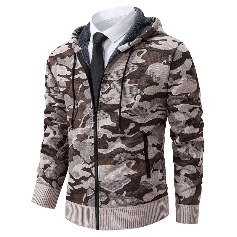 New Autumn and Winter Men's Warm Cotton-padded Clothes Cardigan Jacket Hooded Sweater Knitted Sweater Camouflage Jacket