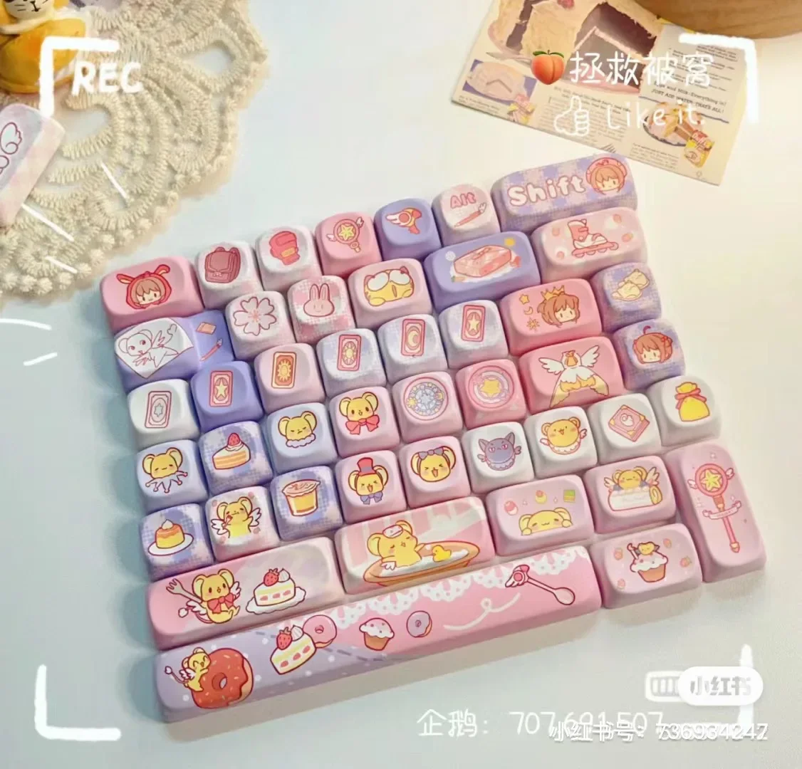 Imagem -03 - Cute Cartoon Theme Keycaps For Girls Square Pbt Keycaps Anime Keycaps Teclado Mecânico Keycaps Perfil Moa 142 Chaves 7u 6.25