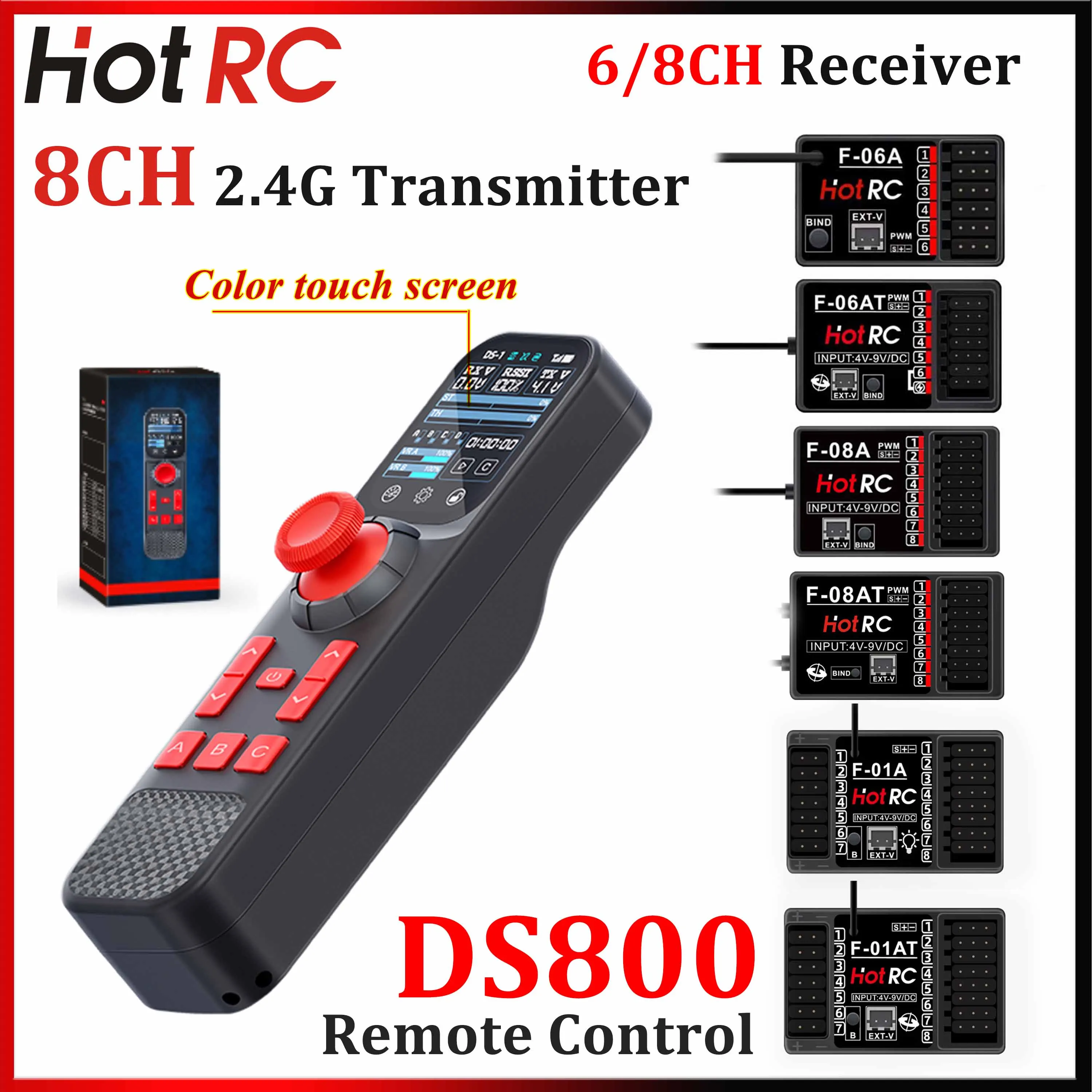 HOTRC DS800 8CH 2.4G Transmitter Color Touch Screen Remote Control F-06AT F-08AT F-01AT 6/8CH Receiver for RC Car Crawler Boat