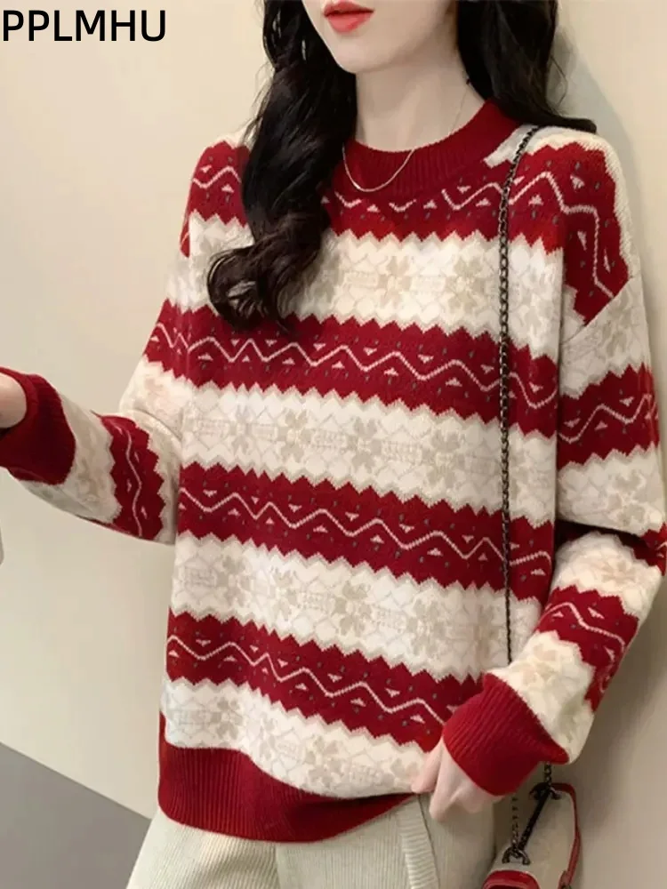 

Полосатый мешковатый вязаный свитер с круглым вырезом, женский повседневный модный трикотаж Sueter, утепленные бархатные теплые модные джемперы