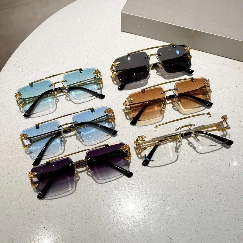 KAMMPT Rimless Square Double Bridge Sunglasses Fashion Stylish For Women Vintage Trend Brand Design Men Shades Eyewear